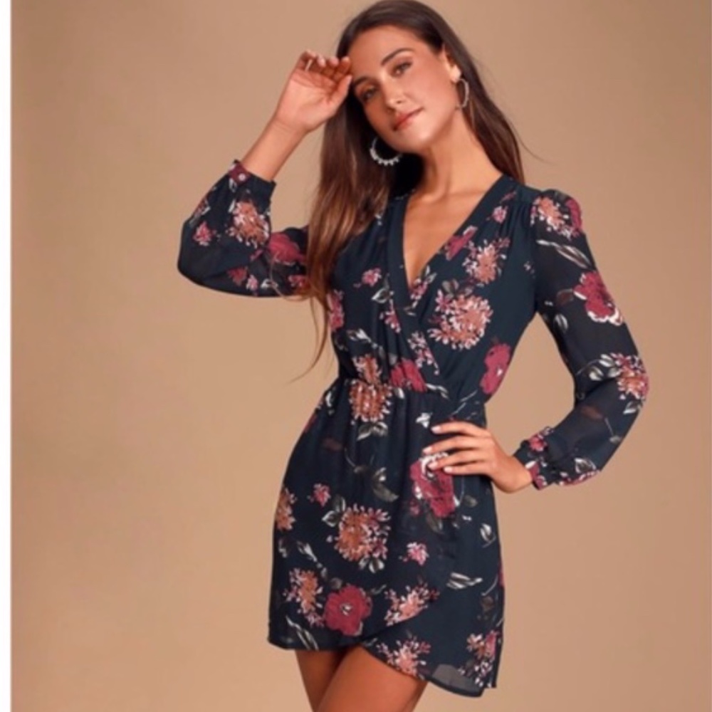 Lulus Navy Floral Print Long Sleeve Wrap Dress